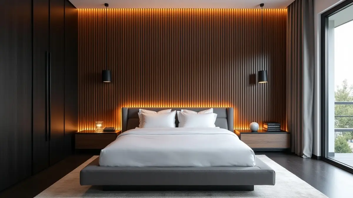 ausgefallenes schlafzimmer mit einer akzentwand aus dunklen holzlatten