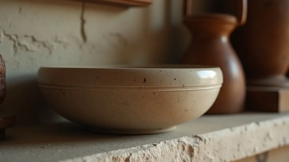 dekorative steinschale auf einem rustikalen kaminsims aus holz