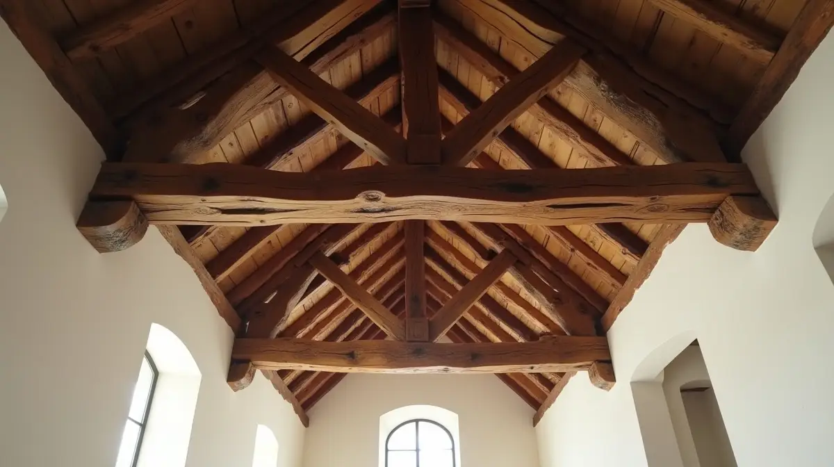 dunkle sichtbalken aus altholz an einer hellen decke im rustikalen stil