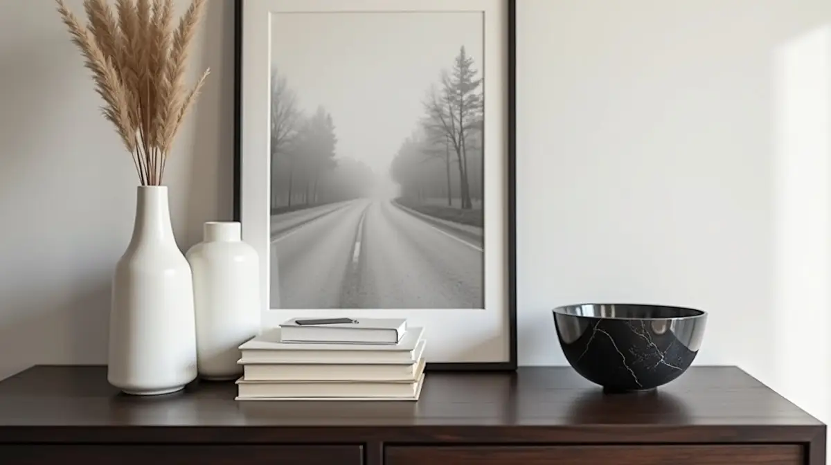 durchdachte dekoration und accessoires auf einer kommode im modernen schlafzimmer