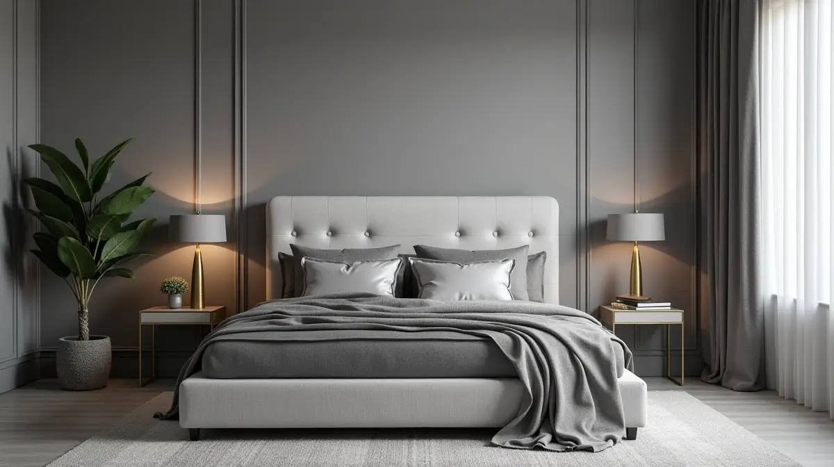 elegantes modernes schlafzimmer in verschiedenen graut nen mit goldenen akzenten