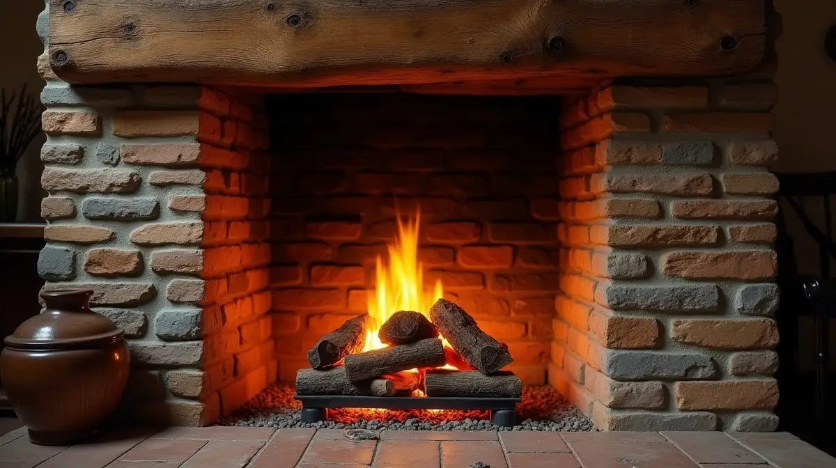 gemauerter kamin mit holzbalken sims und brennendem kaminfeuer