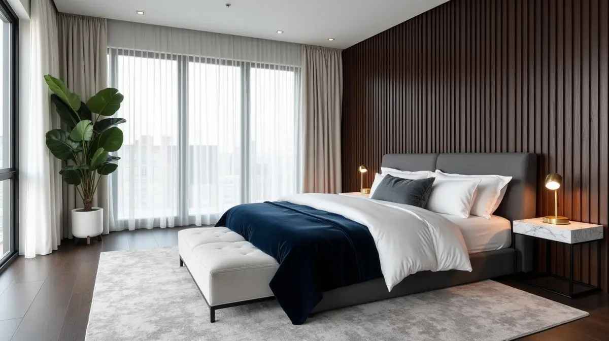 luxuri ses modernes schlafzimmer mit holzakzentwand und gem tlichen textilien als inspiration