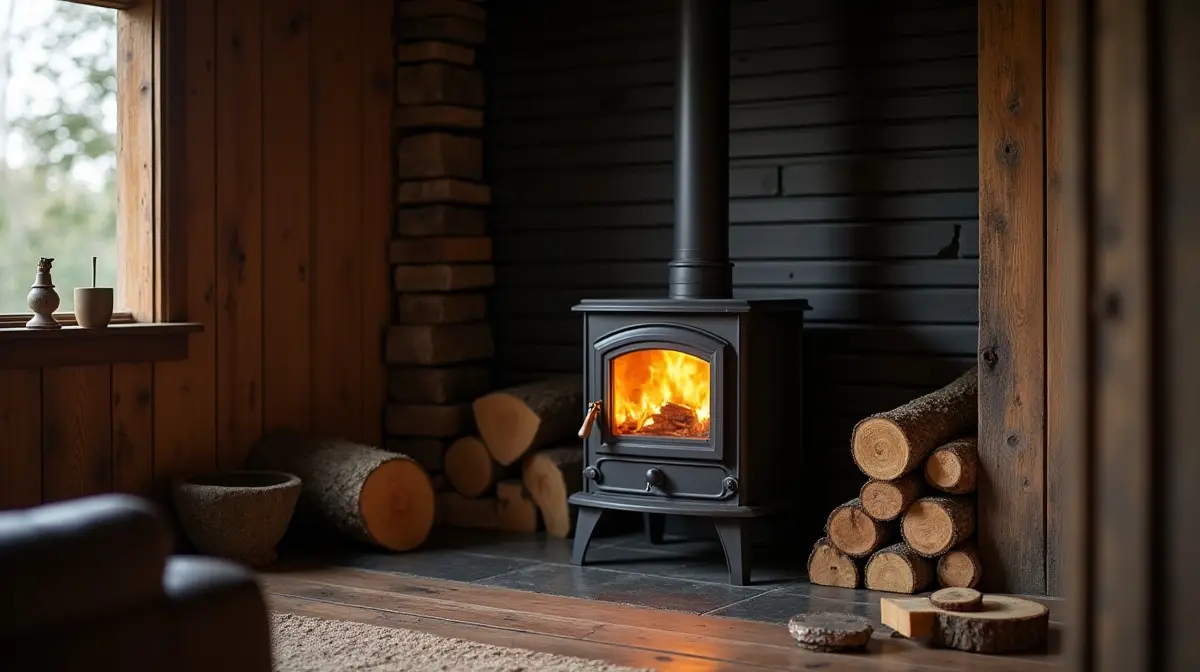 moderner schwarzer kaminofen aus gusseisen mit holzstapel