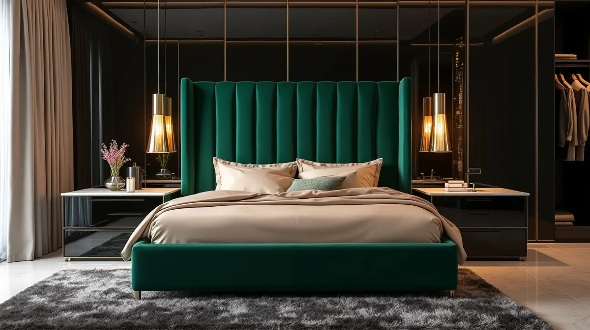 modernes luxus schlafzimmer mit samt kopfteil und edlen materialien