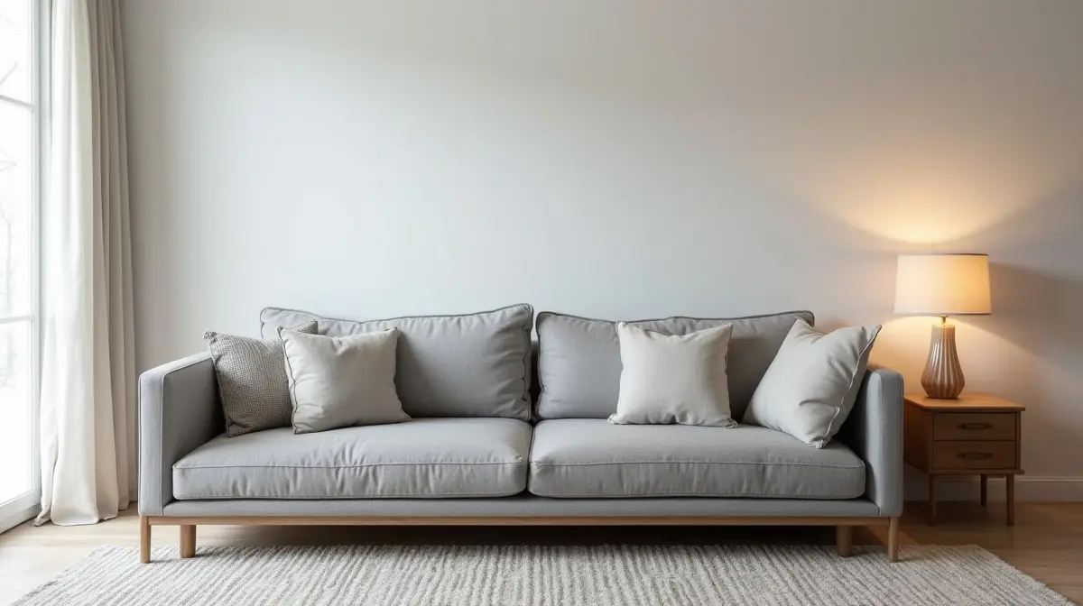 modernes rustikales wohnzimmer mit grauem sofa und hellen holzm beln