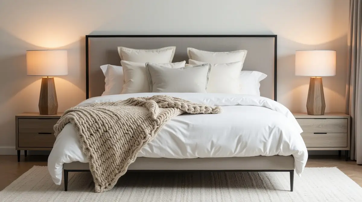 modernes und gem tliches schlafzimmer mit vielen kissen und einer kuscheldecke