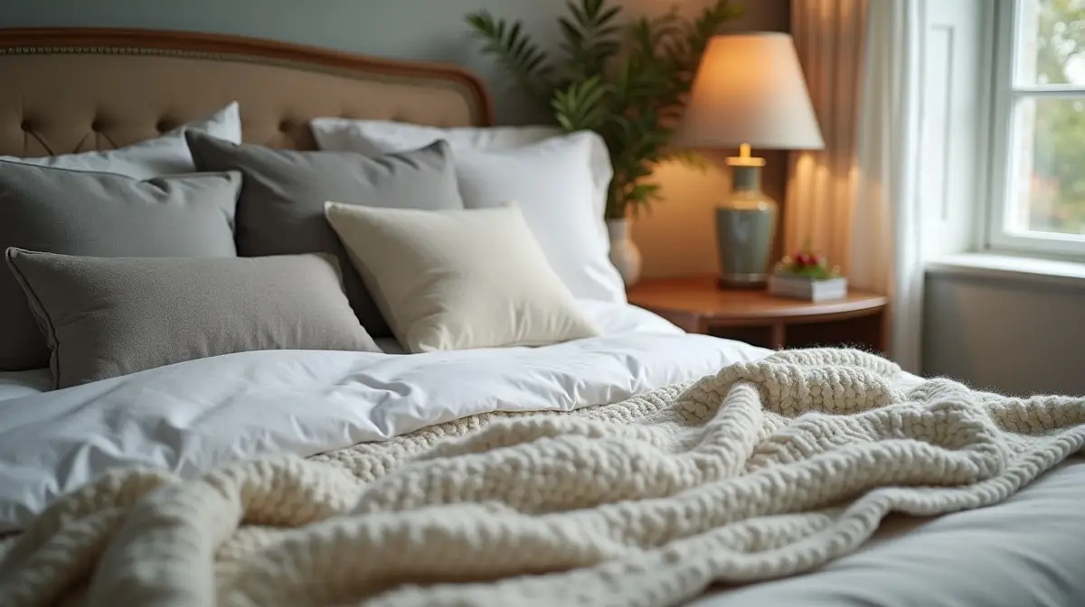 nahaufnahme von gem tlichen textilien auf einem bett kissen decken und leinenbettw sche