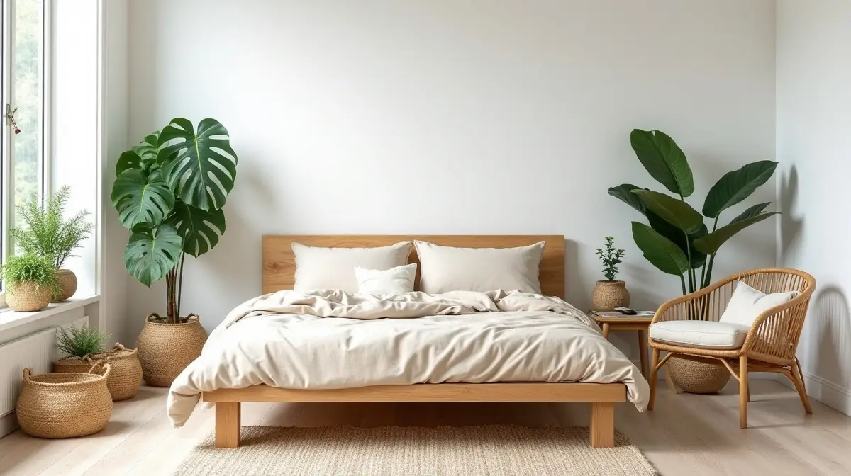 nat rliches schlafzimmer mit massivholzbett rattan m beln und vielen pflanzen