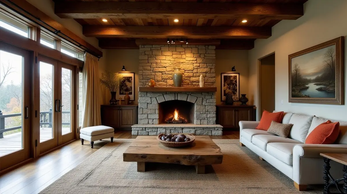 rustikales wohnzimmer mit holzbalkendecke und naturstein kamin gem tlich eingerichtet