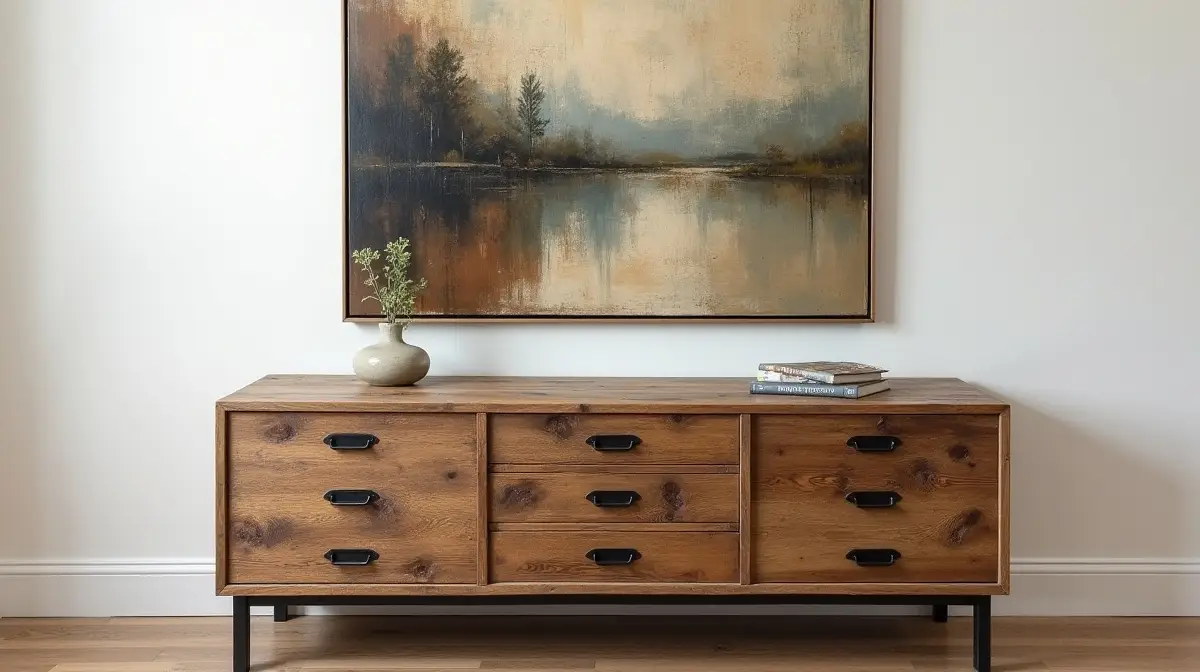 sideboard aus recyceltem altholz mit rustikalen eisengriffen